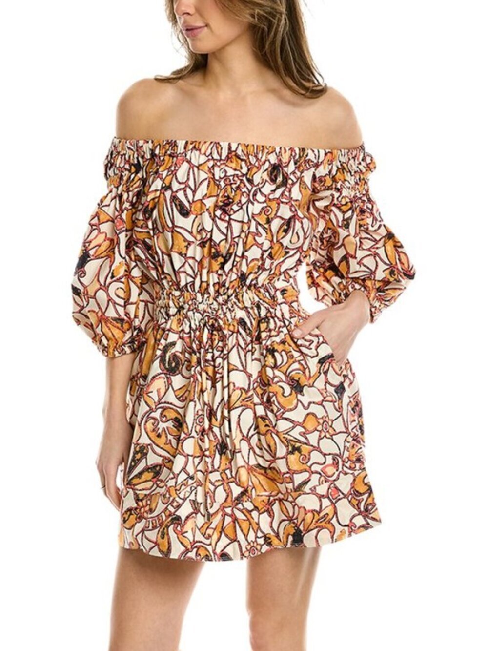 A.L.C. Maya Abstract Cotton Multicolor Off Shoulder Dress Size 6